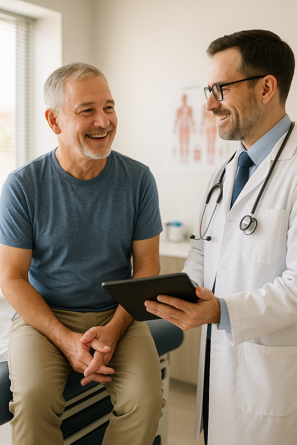 Middle-aged man talking with a male doctor during a friendly check-up