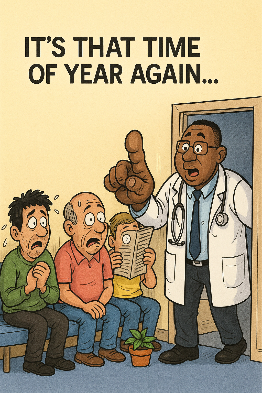 Cartoon doctor entering waiting room for prostate exam